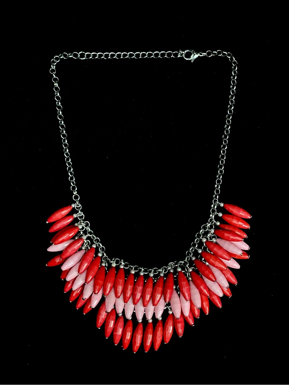Silver-Tone Red + Pink Two-Tone Marquise Spike Fringe Bib Necklace